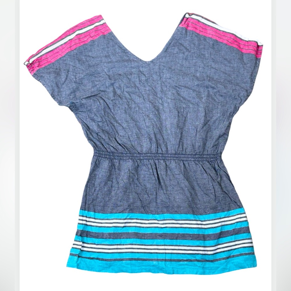 ROXY Striped V-Neck Tunic Mini Dress Medium Swimsuit Cover Up